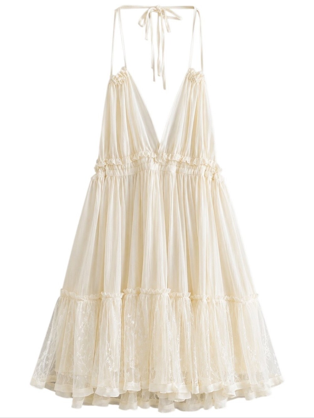 Cream mesh self tie ruffled halter summer coverup dress